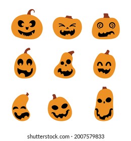 Halloween scary pumpkins set. Illustration of Jack-o-lantern facial expressions. Simple collection spooky horror images of orange pumpkins. Isolated vector stock illustration.