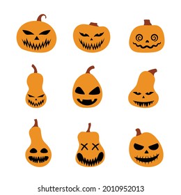 Halloween scary pumpkins set. Illustration of Jack-o-lantern facial expressions. Simple collection spooky horror images of pumpkins. Isolated vector stock illustration.