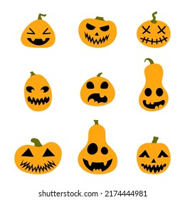 Halloween scary pumpkins set. Illustration of Jack-o-lantern facial expressions. Simple collection spooky horror images of orange pumpkins. Isolated vector stock illustration.