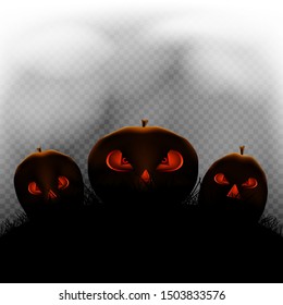 Halloween scary pumpkins set in transparent dark and moonlight fog. Cartoon pumpkin plant silhouette with teeth eye and nose burns inside