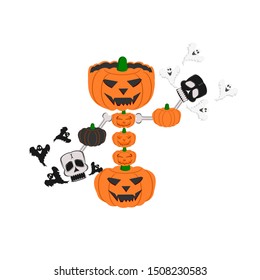 Halloween scary pumpkins ,skull and   flying ghost funny cartoon character. Vector illustration.