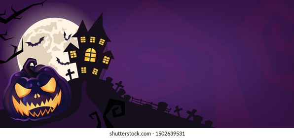ハロウィーンの怖い紫のベクター画像の背景 化け物の墓地と化け物の家が描かれた夜の漫画のイラスト ホラームーン コウモリ 気味の悪いカボチャ 墓場の背景 ヘロウインゴシックパノラマ のベクター画像素材 ロイヤリティフリー