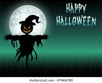 Halloween scary scarecrow at night background.Vector illustration 