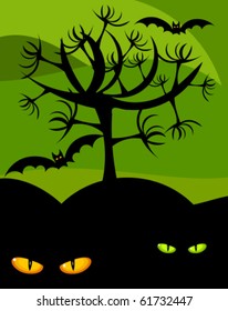 Halloween scary scenery - wild cat eyes, tree and bats. Vector illustration