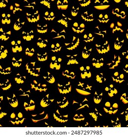 Halloween scary seamless pattern with dangerous pumpkin faces, vector background. Holiday cartoon spooky pumpkins pattern of scary faces with grim smile or grin and burning eyes for Halloween