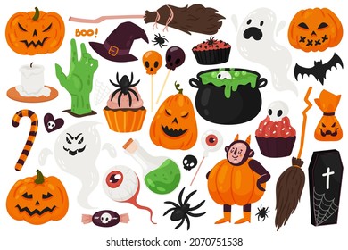 Halloween scary set vector illustration. Cartoon spooky Halloween characters collection with pumpkin jack o lantern, black spider, horror ghost, witch broom and creepy zombie hand isolated on white
