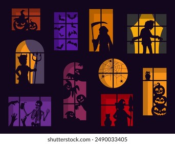 Halloween scary silhouettes in window for holiday horror night, vector cartoon background. Spooky pumpkin lantern, boo ghost and witch with zombie or skeletons and monster devil silhouette in window