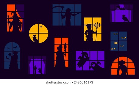 Halloween scary silhouettes in windows. Creepy and spooky vector haunted house facade with witch, devil and ghosts, vampire, grim reaper, black cat, raven and werewolf neighbors at horrible home