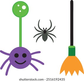 Halloween scary spider, witch broom, scary colorful spider icon set