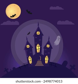 Halloween scary spooky night illustration, bat, castle, Ghost, cross sign, graveyard 