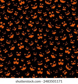 Halloween scary and spooky pumpkin face pattern background, seamless vector. Halloween horror night holiday and trick or treat party creepy pumpkins grim faces in back and orange pattern