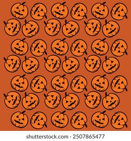 Halloween scary and spooky pumpkin face pattern background, vector. Halloween horror night holiday and trick or treat party creepy pumpkins grim faces in back and orange pattern