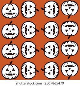 Halloween scary and spooky pumpkin face pattern background, vector. Halloween horror night holiday and trick or treat party creepy pumpkins grim faces in back and orange pattern