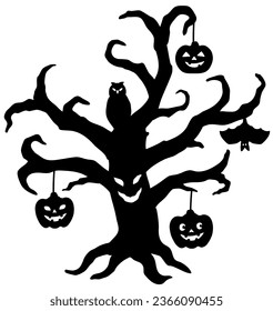 halloween scary spooky smile ghost tree with jack o' lantern silhouette vector illustration	