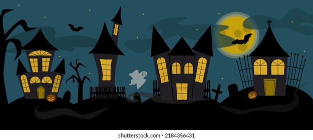 Halloween scary street with witch houses and evil pumpkins, bats and full moon
