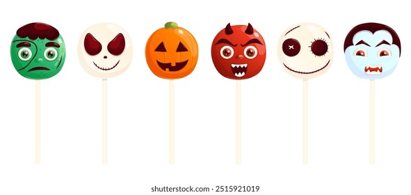 Conjunto de piruletas dulces aterradoras de Halloween. Espeluznante caramelo duro ilustración de dibujos animados aislado en blanco. Truco o trato.