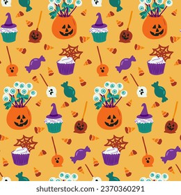 Halloween scary sweets seamless pattern for holiday decoration on yellow background. Bright candies and dessert in flat minimalistic hand drawn style. Childish holiday design for Halloween decoration