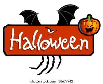 Halloween scary titling with bat wings, spider's legs and a pumpkin head of Jack-O-Lantern