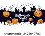 Halloween scary town silhouette with buildings, cemetery and pumpkins. Vector background with sinister cityscape, eerie haunted houses, grinning jack lantern faces and chilling night graveyard