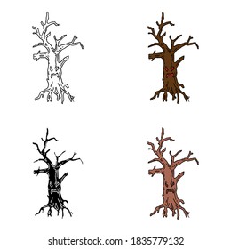 Halloween scary tree with face sketch style in four options. Lines filled, colored and mono color