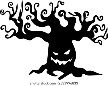 Halloween Scary Tree Monster Black Silhouette. Vector Hand Drawn Illustration Isolated On Transparent Background