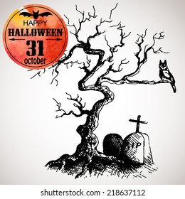 Halloween scary tree with owl and grave. Typographic poster Graveyard background. Hand-drawn illustration and watercolor. Vector design sketch