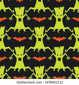 Halloween Scary Tree Trunk and Bat Seamless Pattern