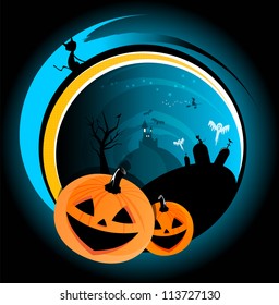 Halloween scary vector abstract background with witch, castle, pumpkin, cat and ghost