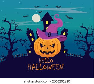 Halloween scary vector background. Spooky and haunted house at night cartoon illustration. Horror moon, bats, creepy pumpkin and backdrop.