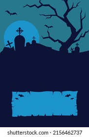 Halloween scary vector background. Spooky graveyard and haunted at night cartoon illustration. Horror moon, bats and graves silhouettes backdrop. Halloween gothic panorama