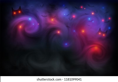 Halloween scary vector dark background with magic red and blue lights evil eyes, owls and bats silhouettes in mystic fog.