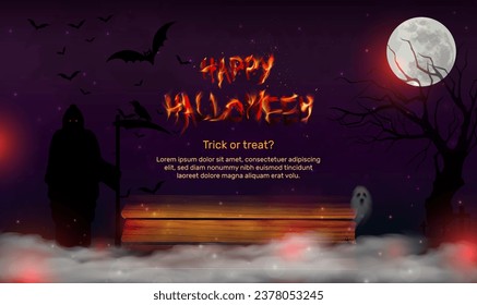 Halloween scary vector dark background with magic evil eyes, ghost, lights, Fire sparkle bokeh and bats silhouettes in mystic fog. Fire burning Halloween text. Halloween sign with wood. Vector EPS10.