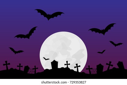 Halloween scary vector illustration background. Halloween themed graphic print with full moon, bats, graveyard, dark purple and violet colored background.