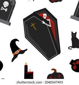 Halloween scary vector seamless pattern with black coffin and skeleton, witch hat, tomb stone, bloody candles, pumpkin lantern, black cat. Isolated on white background.