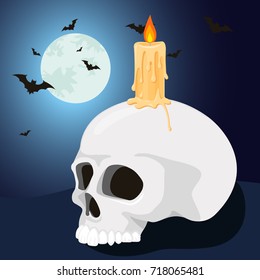 Halloween scary vector skull with a candle