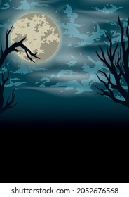 Halloween scary vintage background with dry trees silhouettes night sky and full moon vector illustration