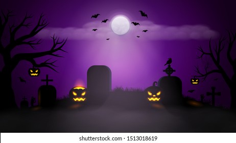Halloween scary violet background. Foggy landscape with bats, full moon, pumpkins, trees and gravestones on graveyard. Vector illustration template