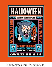 Halloween Scary Werewolf. Spooky Horror Cartoon On Art Deco Illustration Style.