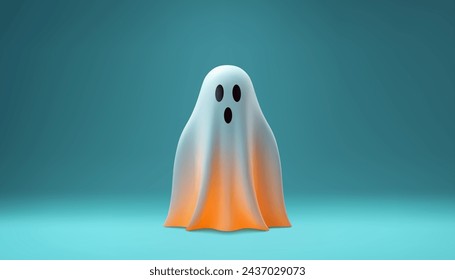 Halloween scary white flying screaming ghost with light 3d icon studio background realistic vector illustration. Spooky phantom spirit fabric horror face fantasy magic angry autumn holiday character