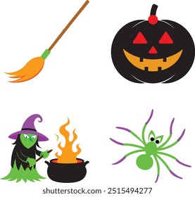 Halloween scary witch cauldron cooking, black jack-o-lantern, witch broom, scary colorful spider icon set line art vector illustration.