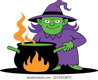 Halloween scary witch cauldron cooking in Magical pot, witches brew  line art vector illustration on white background.