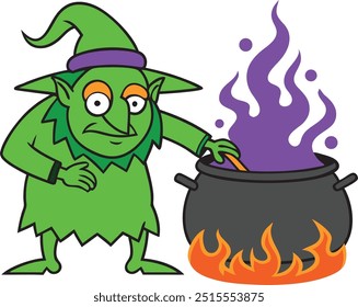 Halloween scary witch cauldron cooking in Magical pot, witches brew  line art vector illustration on white background.