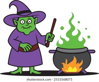 Halloween scary witch cauldron cooking in Magical pot, witches brew