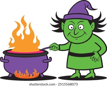 Halloween scary witch cauldron cooking in Magical pot, witches brew