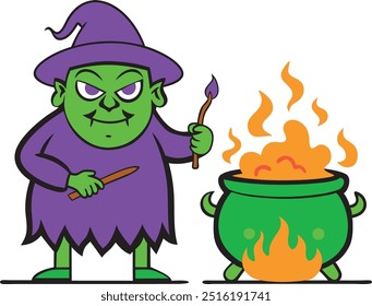 Halloween scary witch cauldron cooking in Magical pot, witches brew