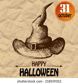 Halloween scary witch hat. Typographic poster background. Hand-drawn illustration. Vector design sketch