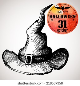 Halloween scary witch hat. Typographic poster background. Hand-drawn illustration and watercolor. Vector design sketch