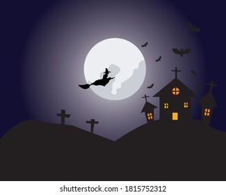 Halloween scary witch house illustration in cemetery