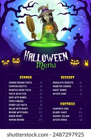 Halloween scary witch menu. October event, fall season scary party or Halloween creepy celebration restaurant or cafe menu vector placard with witch character, potion in cauldron and pumpkin lanterns