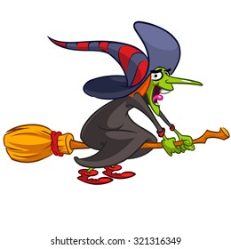 Halloween scary witch riding a broom isolated on white. Vector illustration